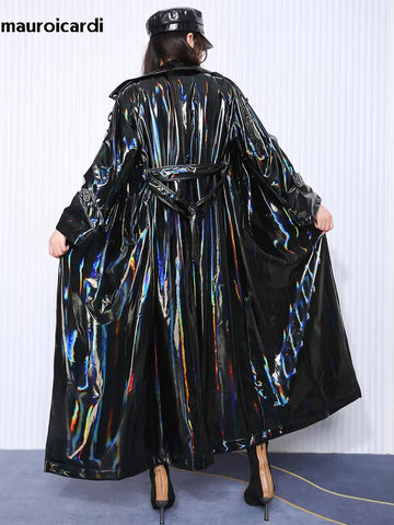 christmas outfit Sonicelife Spring Soft Thin Flowy Shiny Reflective Holographic Black PVC Faux Leather Trench Coat for Women Maxi Y2K Streetwear