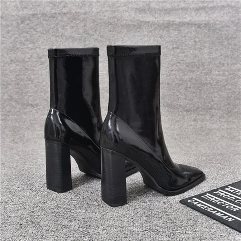 Sonicelife Brand Women Shoes 2024 New Black Patent Leather Fashion Square Toe Women's Boots Comfor Thick Heel Ladies High Heel Ankle Boots