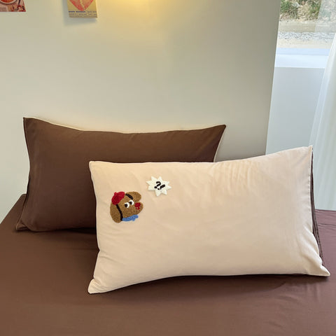 Sonicelife Cookie Dog Embroidery Bedding Set Twin Queen Duvet Cover Set Pillowcases for Adult Kids Bed Flat Sheet Cute Quilt Cover Kawaii