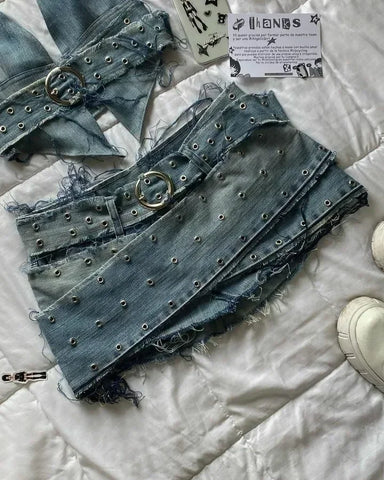 Sonicelife Y2k Denim Short Skirts Leather Denim Splicing Two Piece Set Women Hip Hop Zipper Long Sleeved Jacket Sexy Denim Mini Skirts Suit