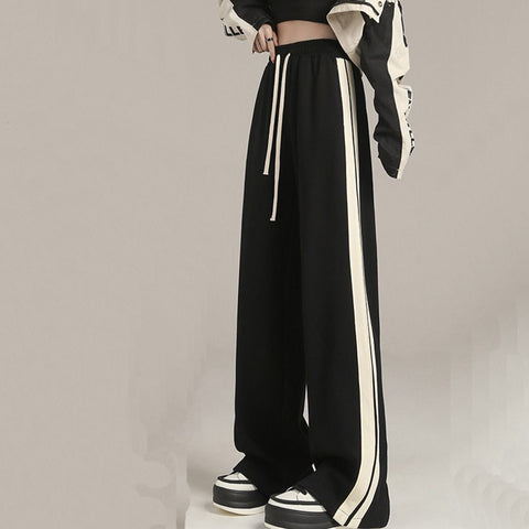 Sonicelife Korean Fashion Wide Leg Pants Women Casual High Street Striped Straight Pants Autumn New All Match Loose High Waist Trousers
