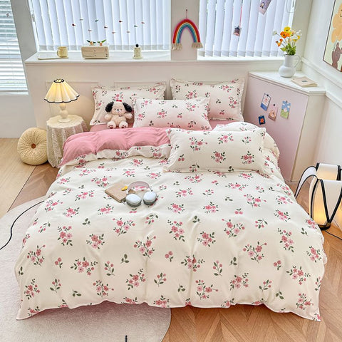 Sonicelife White Pink Bedding Set Ins Floral Twin Queen Size Duvet Cover Flat Sheet Pillowcase No Filler Girl Boy Home Dormitory Bed Linens