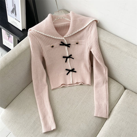 Sonicelife Pure Color Knitted Sweater Woman Korea Fashion Y2k Crop Tops Long Sleeve Basic Elegant Pullover Bow Design Casual 2025 Autumn