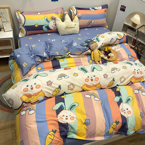 Sonicelife INS Blue And White Cow Stripe Cartoon Bedding Set Cute Animal Quilt Cover Soft High Quality Polyester Sheet Bedroom Decor