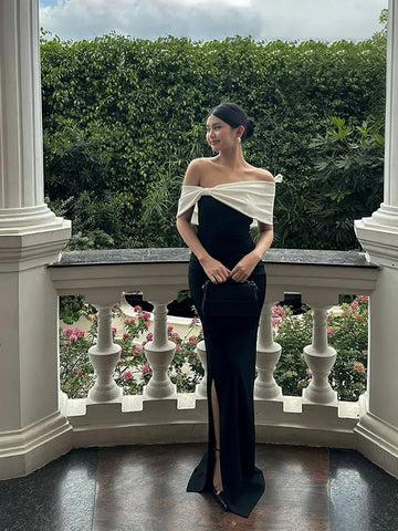 Sonicelife Elegant Pleated Patchwork Off-the-shoulder Maxi Dress Chic Sleeveless Slim Fit Open Fork Gown New Female Party Club Dresses 2025