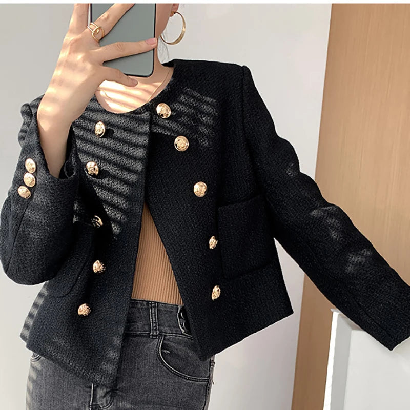 Sonicelife Autumn Winter Women Tweed Office Elegant Coat Pockets Double-breasted Cardigan Jackets Solid Streetwear Long Sleeve Coat