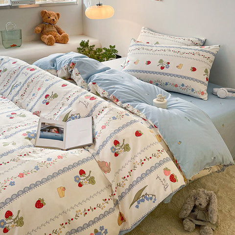 Sonicelife Cotton Bedding Set Floral Rabbit Ins No Filler Duvet Cover Flat Sheet Pillowcase Full King Size Soft BedSpread Home Textile