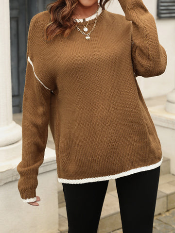 christmas outfit Sonicelife Long Sleeves Loose Contrast Color Split-Joint Round-Neck Pullovers Sweater Tops