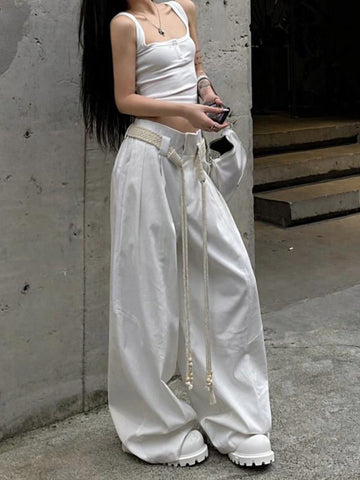Sonicelife Y2K Casual Wide Leg Pants Women American High Street Fashion Sweatpants White Loose All Match Pleated Trousers Female New