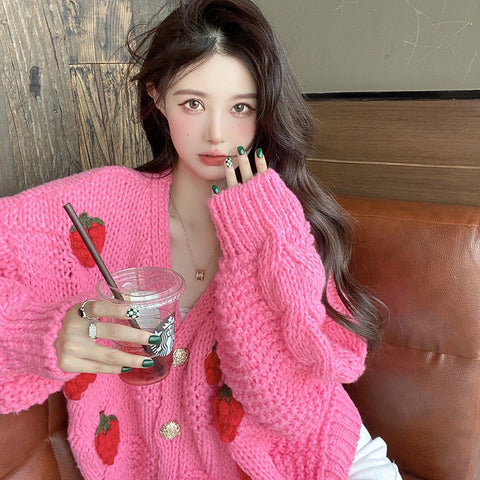 Sonicelife Women Harajuku Strawberry Loose Cardigan Sweater Fall Fashion Long Sleeve Korean Tops Chic Female Preppy Style Y2k Sweater