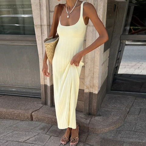 Sonicelife Women Knit Tank Dress Casual Suspender Sleeveless U-Neck Party Long Dresses 2025 Summer Sexy Beach Club Midi Robes Streetwear