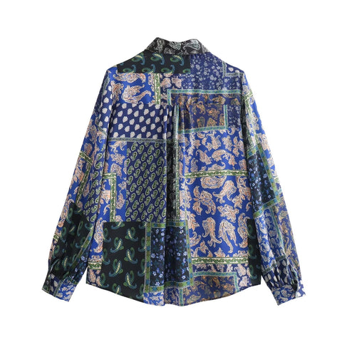 Sonicelife Women's Long Sleeved Single Breasted Top, Shirt with Patchwork Printing Design, Silk Texture, Versatile, New