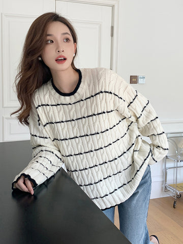 Sonicelife Korean Soft Striped Sweaters Women O Neck Lazy Wind Fashion Knitted Jumpers Fall Loose Long Sleeve Female Sweet Pullovers