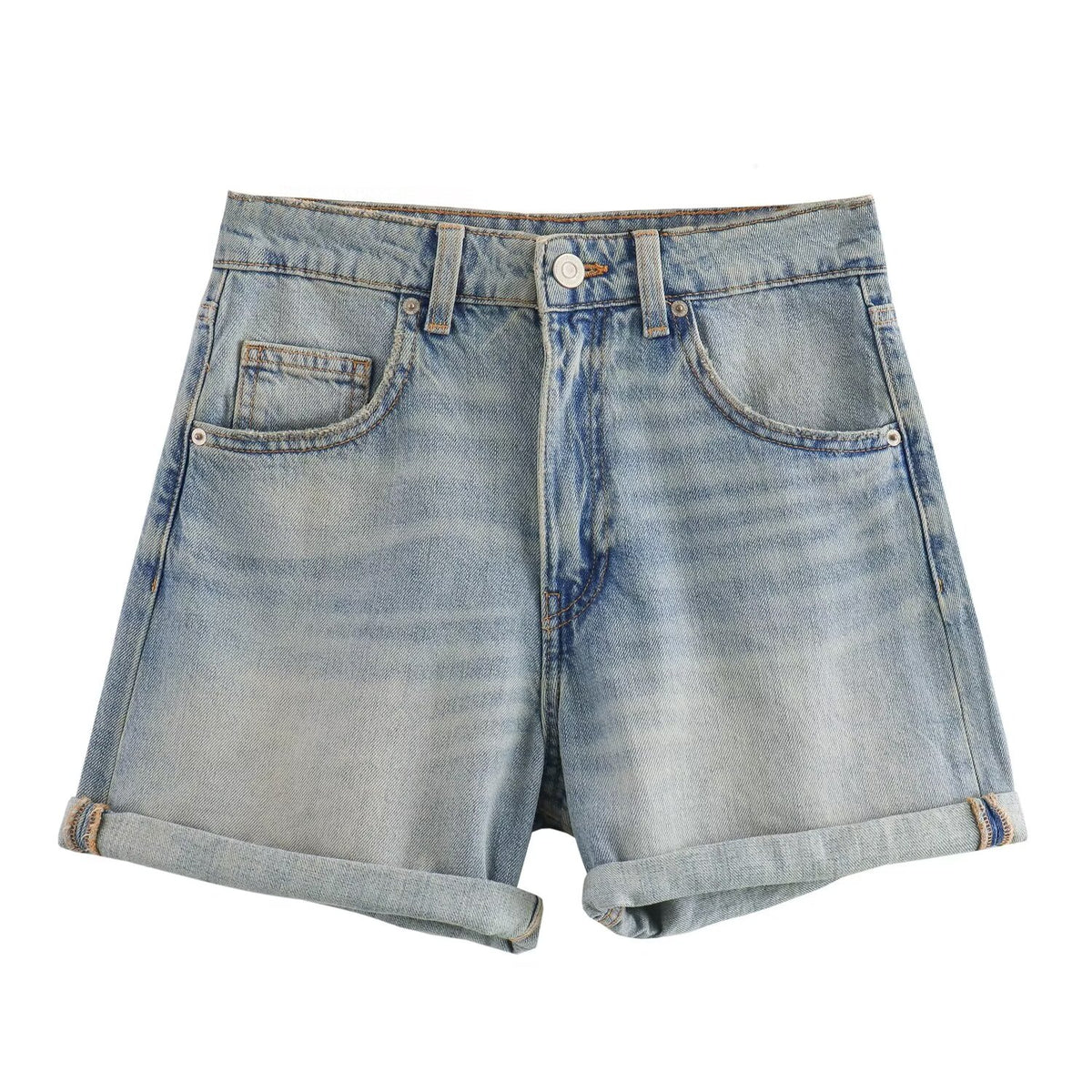 Sonicelife Women's new denim shorts, loose and comfortable, versatile high waisted straight leg curled edge shorts