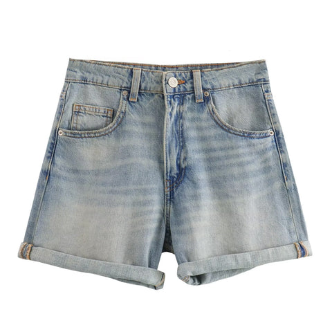 Sonicelife Women's new denim shorts, loose and comfortable, versatile high waisted straight leg curled edge shorts
