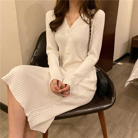 Black Friday Sonicelife Knit Dress Women Elegant Korean Autumn Winter Long Sleeve V-Neck Button Slim Skirt Fashion Stretch Sweater Office Lady Dress