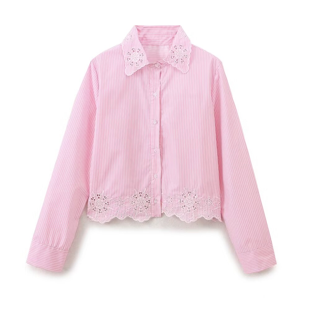 Sonicelife Striped Shirt with Hollow out Embroidery for Women Sweet Temperament Single Breasted, Long Sleeved Top Pink New