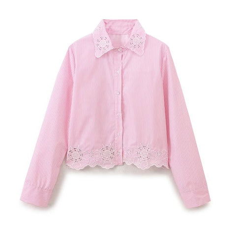 Sonicelife Striped Shirt with Hollow out Embroidery for Women Sweet Temperament Single Breasted, Long Sleeved Top Pink New