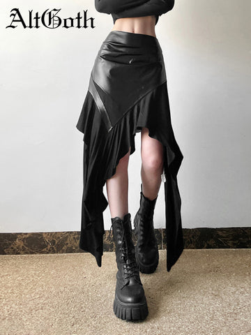 Sonicelife Harajuku Cyber Punk Skirt Women Dark Academia Gothic Streetwear New Fashion Y2k Irregular Pu Patchwork High Waist Skirt