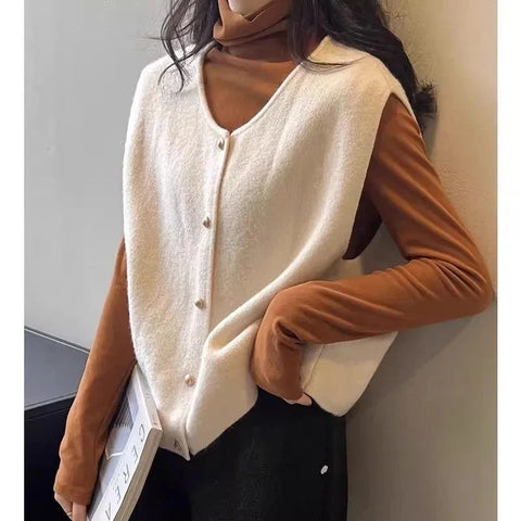 Black Friday Sonicelife Elegant Sweater Vest Women Korean Button Solid Casual Basic V-Neck Knitted Tank Fashion Fall Sleeveless Lady Cardigan