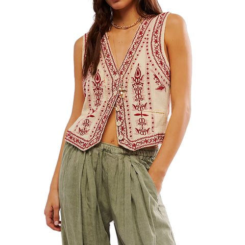 Sonicelife Women's Heavy Industry Embroidery V-Neck Stripe Vest Ethnic Style Top Casual Fashion New