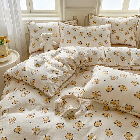 Sonicelife Cute Bear Double Layer Yarn Quilt Cover Bed Sheet Pillowcase Twin Queen Size Bedding Set Girls Kids Duvet Cover Set No Filler