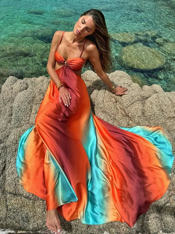 Sonicelife Sexy Print Colorful Hollow Out Pleat Maxi Dress Women Fashion Open Back Sling A-line Robes 2025 New Holiday Lady Summer Dresses