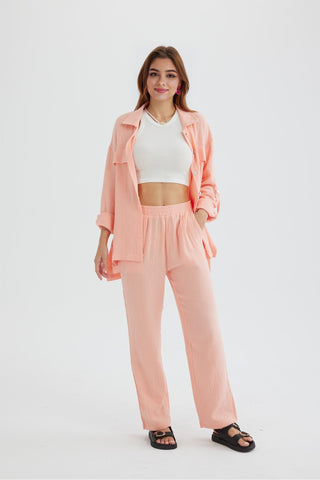 Sonicelife-Long Sleeve Pocketed Slit Shirt Long Pants Suits