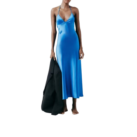 Sonicelife Women's New Printed V-Neck Hanging Neck Long Dress Silk Satin Texture Open Back Sexy Underwear Dress
