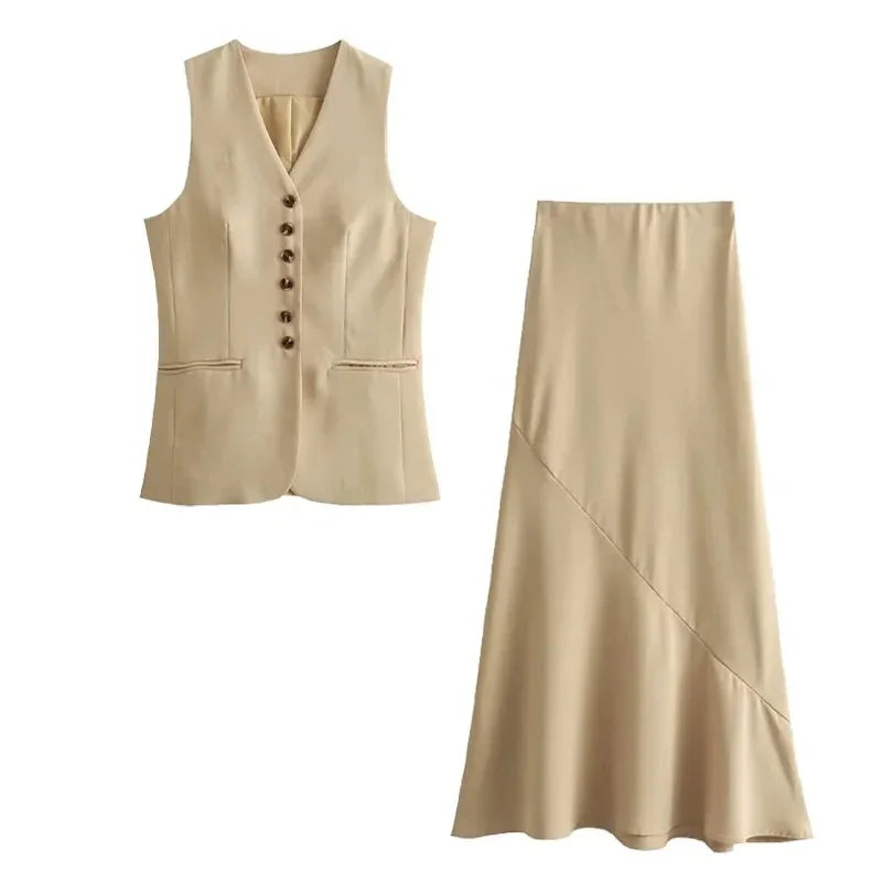 Sonicelife Women Vest Skirt Sets Female Khaki Long Blazer Vest V Neck Sleeveless Slim Top+Elegant High Waist A Line Skirt Suit