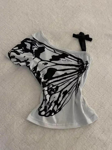 Sonicelife 2025 Summer Sexy One Shoulder Design Y2k Vintage T-Shirts Women Streetwear 2000s Casual Print Tees Korean Fashion Punk Crop Tops