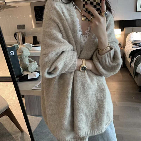 Sonicelife Autumn Winter Thicken Warm Women Cardigan Sweater Korean Lazy Wind Soft All Match Cardigans Tops Solid Loose Knitted Coats