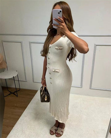 Sonicelife Office Lady Elegant Knitted Long Dress Summer Short Sleelve V Neck Single Breasted Bodycon Dresses Women Party Fashion Vestidos