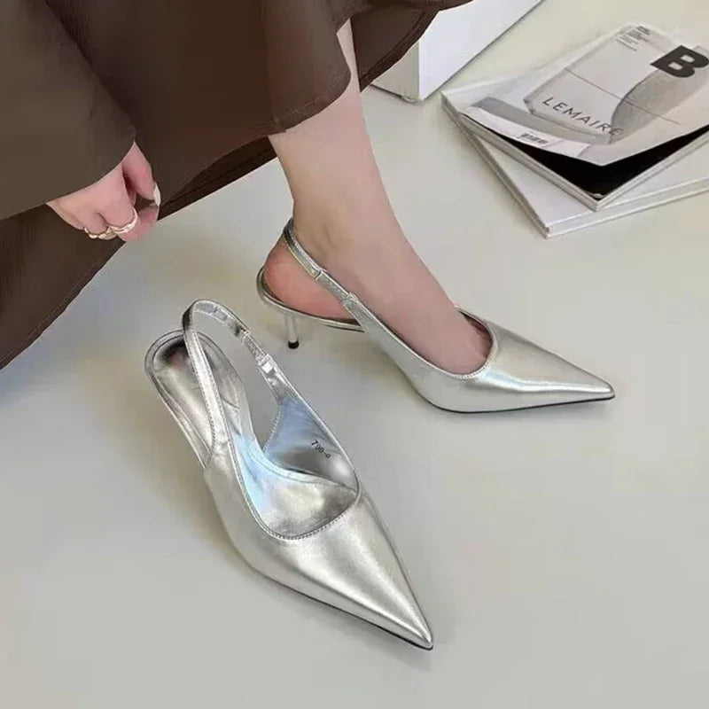 Sonicelife Elegant High Heels Silver Pumps Women 2024Summer Slingbacks Pointed Toe Party Shoes Woman Solid Thin Heeled Sandals Ladies