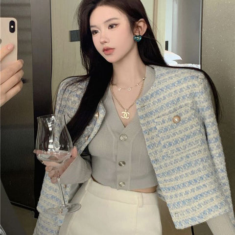 Sonicelife Vintage Crop Jackets Women Autumn Winter French Elegant Loose Preppy Style Coat O Neck All Match Casual Striped Jacket Tops