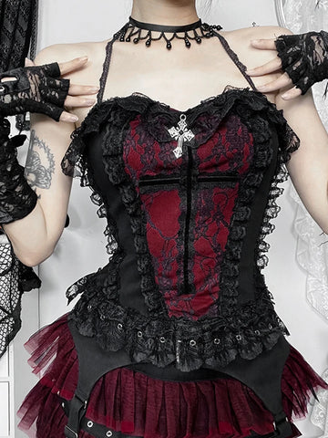 Sonicelife Gothic Hotsweet Camisole Women Vintage Aesthetic Y2k E-girl Hipster Lace Patchwork Halter Crop Tank Tops Cosplay Clothes