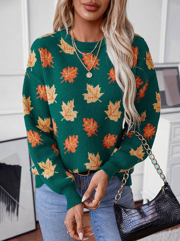 christmas outfit Sonicelife Long Sleeves Loose Contrast Color Jacquard Knitted Leaves Split-Joint Round-Neck Pullovers Sweater Tops