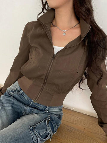 Sonicelife Vintage Brown Zip Up Slim Short Jacket