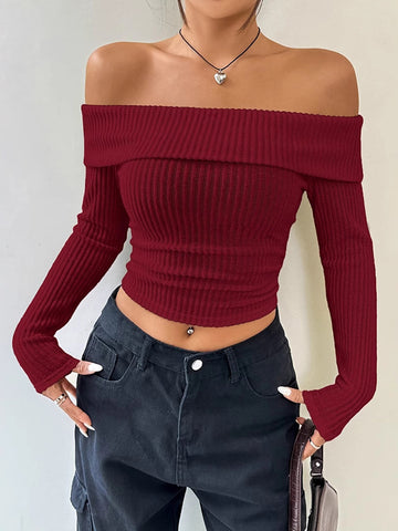 christmas outfit Sonicelife Long Sleeves Skinny Pleated Solid Color Split-Joint Off-The-Shoulder Sweater Tops