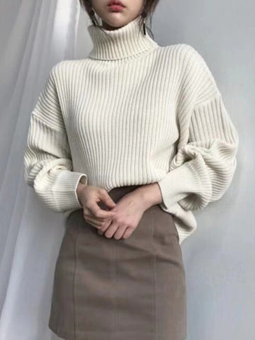 Sonicelife Korean Simple Turtleneck Sweaters Women Lazy Wind Loose Long Sleeve Office Lady Knitted Pullovers Solid Vintage Autumn Tops