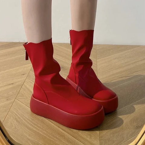 Sonicelife Heightened Thick Sole Ladies Zipper Boots 2025  Autumn Fashionable and Versatile Women's Short Boots Solid Color Simple Red Boot