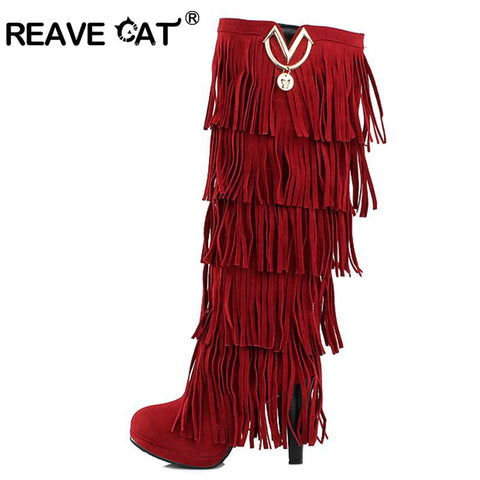 thanksgiving outfit Sonicelife size 32-43 Flock Fur Women boots High heels Knee boots Fringe Tassels Fashion Black Red ZL4150