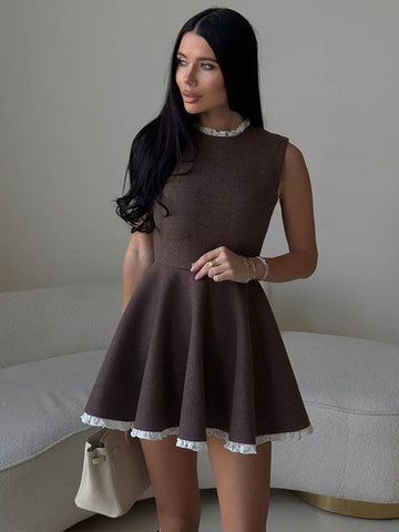 Sonicelife Elegant Patchwork Lace Tank Dresses Women Sleeveless Slim A-Line Dress 2025 Spring Summer Solid Ladies Streetwear Office Vestido