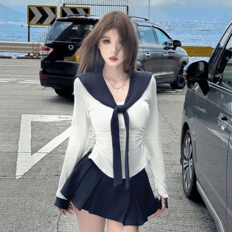 Sonicelife 2025 New Uniform Korean Style 3 Piece Set E- Girls Casual Basic Tops Sweet Slim Y2k Mini Skirt Fashion Elegant Suit Woman