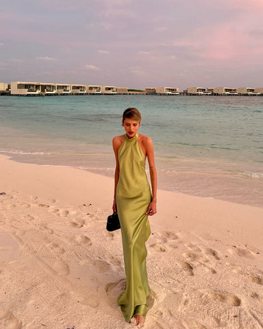 Sonicelife Elegant Green Satin Sleeveless Maxi Dress Chic Stand Neck Lace Up Backless Dresses New Female Summer Vacation Beach Vestido 2025