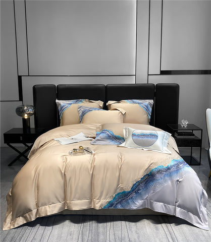 Sonicelife Long staple cotton mountain and sea embroidery four piece set of pure cotton simple contrasting color bedding