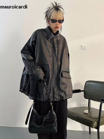 christmas outfit Sonicelife Spring Oversized  Waterproof Black Soft Faux Leather Jacket Women Turn-down Collar Loose Casual Korean Fashion 2025