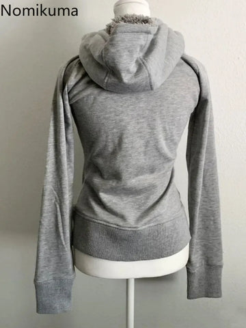 Sonicelife Grey Lamb Wool Double Zipper Hoodies Women's Clothes Slim Waist Hooded Vintage Y2k Coats Ropa Mujer Casual Fashion Sweatshirts