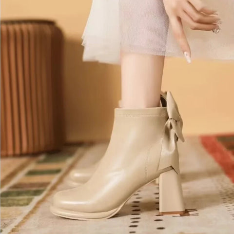 Sonicelife 2025  New Round Toe Square Heel Bow Decoration Fashion Women's Shoes Elegant Wear-resistant Casual Comfortable Short Boots
