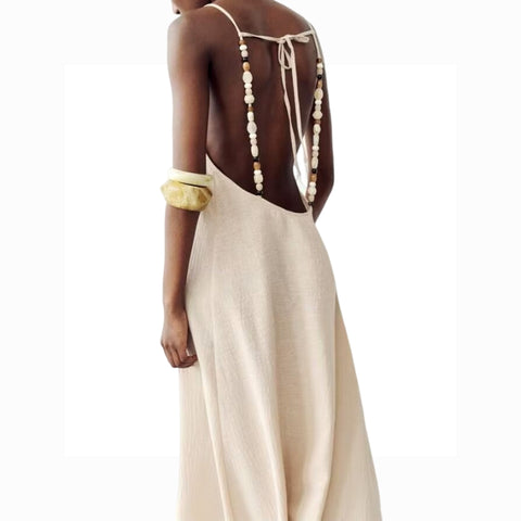 Sonicelife Women's Long Dress with Straight Neckline and Backless Design Beaded Embellishment Suspender New